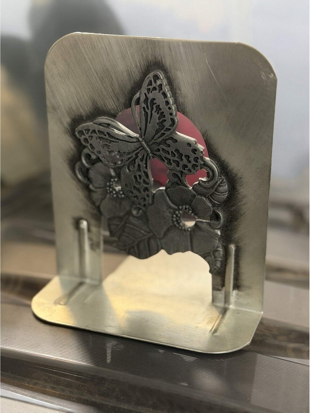 1 Pewter Bookend with Butterflies and Flowers 1976 Metzke Vintage